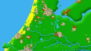 Tekening van Nederland, kaart, waarop steden en dorpen staan getekend van langer geleden.