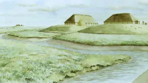 Tekening van natuurlijk landschap, waarop de eerste nederzettingen te zien zijn van Nederland, soort boerderijen.