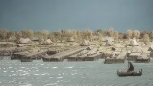 Schilderij, tekening, van handelsnederzettingen in de vroege middeleeuwen, aan het water.