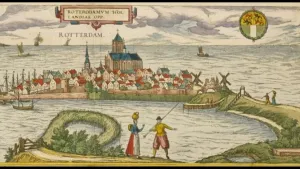 Oude tekening/schildering van klein stadje op soort schiereiland in groot water, zee.