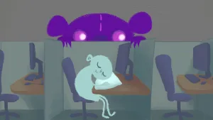 Tekening van een mannetje dat zit aan een bureau met computer, zit te slapen, hoofd op hoofdkussen dat ligt op het bureau.