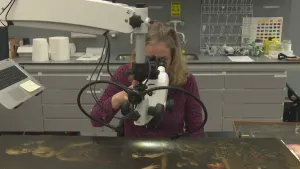 Foto van een vrouw aan tafel die kijkt door een soort van microscoop/kijker naar een schilderij, in laboratoriumachtige ruimte.