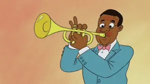 Tekening van een zwarte man die op een trompet speelt.