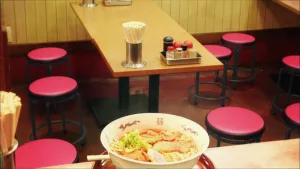 Foto van een tafel in restaurant waaromheen krukken staan, dansen.