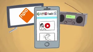 Tekening van een TV-scherm met de tekst "npo" erop, een smartphone met de tekst "clipphanger" en een radio met de tekst "3 FM".