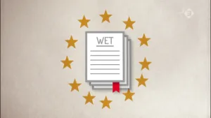 Schematische tekening van drie witte vellen papier met de tekst "wet" erop, eromheen 12 geelbruine sterretjes getekend.