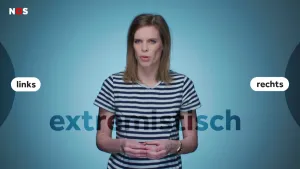 Foto van presentator, nieuwslezer, met eroverheen de tekst "extremistisch", links van haar de tekst "links", rechts van haar de tekst "rechts".