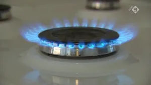 Foto van een gaspit van een fornuis dat aan staat, blauw vuur, van dichtbij genomen.