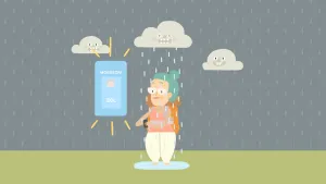 Tekening van een vrouw die staat onder een wolkje waaruit regen valt, naast haar blauwe rechthoek met de tekst "moesson 30c".