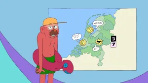 Tekening, cartoonachtig, van door de zon verbrand mannetje dat staat bij de kaart van Nederland waarop de zonnesterkte van die dag is aangegeven.