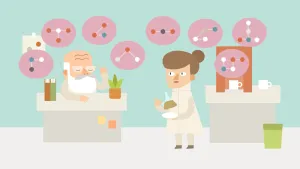 Tekening, cartoonachtig, van professor achter bureau, een laborante met een erlenmeyer in haar handen, schematische tekeningetjes van moleculen aan de muur.