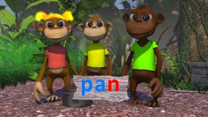 Foto van drie aapachtige figuren, poppen, die staan in de jungle met voor hen houten bordje met blauwe letters p a, rode letter n.