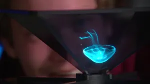 Foto van visuele truc met 3D-techniek, holografisch, van een kwal, lichtblauw van kleur.