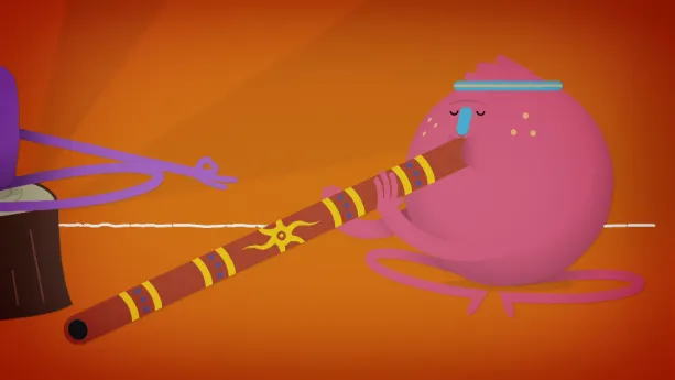Tekening van een cartoonachtig roze figuurtje dat blaast op een didgeridoo.