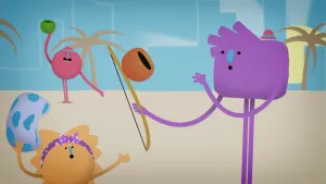 Tekening, cartoonachtig, van aantal figuren op het strand waarvan eentje een muziekinstrument, een berimbau, vasthoudt.