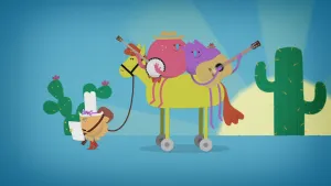 Tekening van een paard op wieltjes waarop twee figuren zitten, de ene speelt banjo, de andere gitaar, in woestijn met cactussen.