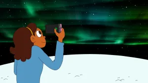 Tekening van donker meisje met smartphone in haar handen die foto ermee maakt, erachter foto van Noorderlicht, met name groen en groenblauw van kleur.