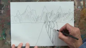 Foto van een hand met potlood die tekening maakt van een weg met bomen erlangs naar hoge bergen toe.