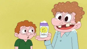 Tekening, cartoonachtig, waarop man met een antiroos shampoo fles in de hand staat bij een jongetje dat ernaar kijkt.