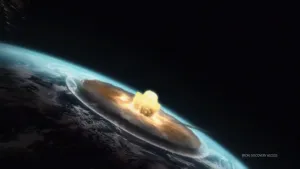 Foto van deel van de wereldbol vanuit de ruimte gezien waarop gefotoshopt is hoe een grote komeetinslag er dan uitziet.