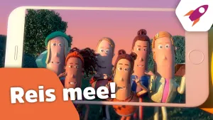 Foto van scherm van smartphone waarop karikatuurachtige animatiepoppetjes staan die mensen en kinderen uitbeelden, erbij de tekst "Reis mee!".