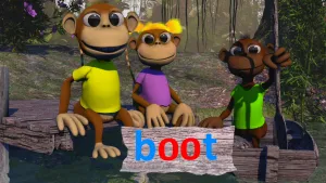 Foto van drie aapachtige figuurtjes (poppen) die staan in de jungle met ervoor bord met daarop een blauwe B, twee rode O's, een blauwe T.