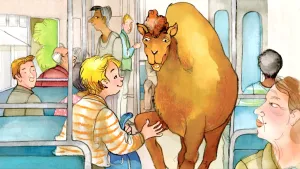 Illustratie/tekening, cartoonachtig, van mensen in tram/bus waarin ook een dromedaris staat.