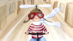 Tekening/illustratie van een jongetje op een driewieler met sjaal om en een soort pet met propeller erop.