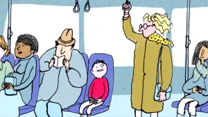 Tekening/illustatie van mensen in de bus/tram, eentje ervan staat, de rest zit.