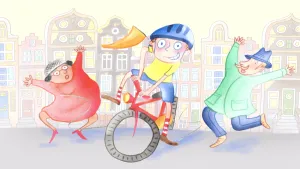 Tekening, illustratie, karikatuurachtig, van jongetje op een fiets waarvoor een man en vrouw opzij springen, op straat, met huizen op de achtergrond.