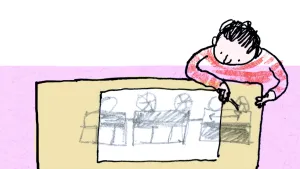 Tekening van een jongetje aan tafel die op een groot vel papier een trein tekent.