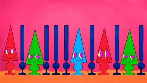 Schematische tekening van de cellen van het netvlies van het oog: kegeltjes en staafjes.