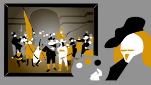 Schematische tekening van het schilderij de Nachtwacht met erbij Rembrandt met palet in zijn hand die eraan bezig is.