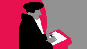 Schematische tekening van Erasmus die schrijft op een wit vel papier.