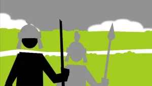 Schematische tekening van twee Romeinse krijgers/soldaten met lansen in groen landschap.
