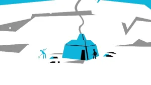 Schematische tekening van het Behouden Huis in poolgebied met sneeuw en twee personen buiten aan het werk.