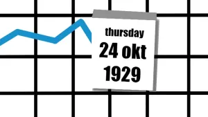 Schematische tekening van een grafiek met een blauwe lijn die neerwaarts gaat, kalenderbladzijde ervoor met de tekst "thursday 24 okt 1929".