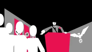 Schematische tekening van Adolf Hitler die toespraak houdt met publiek dat naar hem luistert en vlaggen met hakenkruizen erop.