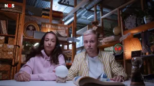 Foto van man en vrouw aan tafel in grote hal met voor hun een glazen, witte bol die op die tafel staat.