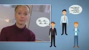 Foto van presentator, je ziet haar gezicht, ernaast drie getekende jongens, één met tekstwolkje met "St... st... st... st...", de andere in tekswolkje alleen onleesbare krabbeltjes.