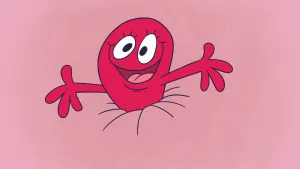 Karikatuurachtige tekening van een aambei, getekend als lachend rood gezichtje met twee armpjes met roze achtergrond.