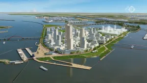 Foto van een wooneiland met nieuwe hoge flats in groot meer/water.