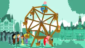 Tekening van een grasveld waarop een ouderwets houten reuzenrad staat dat met de hand wordt bediend, erbij staat een rij mensen.