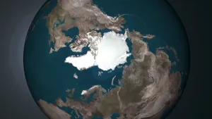 Foto van de wereld, aarde, gezien vanuit de ruimte met de Noordpool, de ijskap, wit, in beeld.