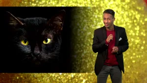 Foto van presentator die staat bij een grote afbeelding van de kop van een zwarte kat.