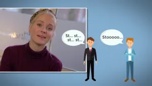 Foto van presentator, je ziet haar gezicht, ernaast een getekend mannetje met tekstwolkje met (St... st... st... st...) en ernaast ander mannetje met "Stooooo...".