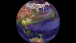 Tekening van de aarde, wereldbol, gezien vanuit de ruimte.