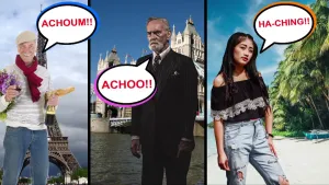 Driedelige foto, op elk een persoon in een ander land die niest, met stripverhaal wolkje bij elk met daarin "achoum", "achoo", "ha-ching".