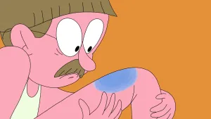 Tekening van een mannetje dat kijkt naar zijn been waarop een grote blauwe plek zit.