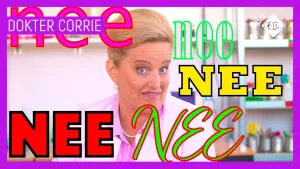 Foto van het hoofd van vrouw, dokter Corrie, met eromheen aantal keren het woord "nee".